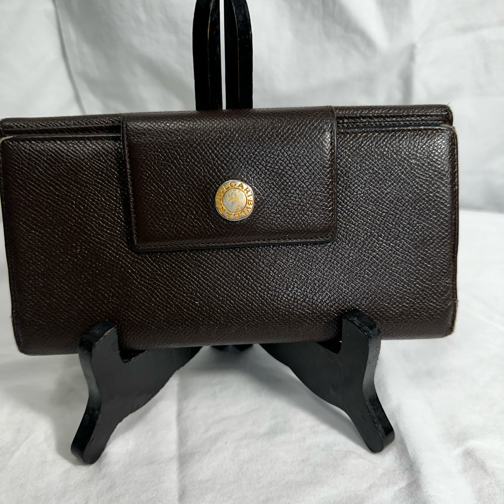 Bvlgari Leather Wallet Chocolate Brown with Snap Closure
